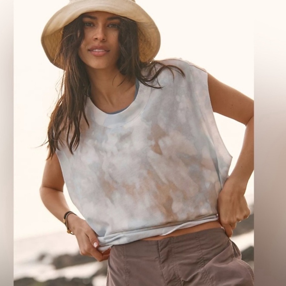 Free People Light Blue and Taupe Tie-Dye Muscle Tank